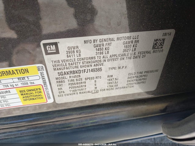 Aukcja sprzedaży 2015 Buick Enclave Leather, vin: 5GAKRBKD1FJ149385, numer aukcji: 44906270