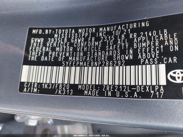 44906271 :رقم المزاد ، 5YFEPMAE8NP286292 vin ، 2022 Toyota Corolla Le مزاد بيع