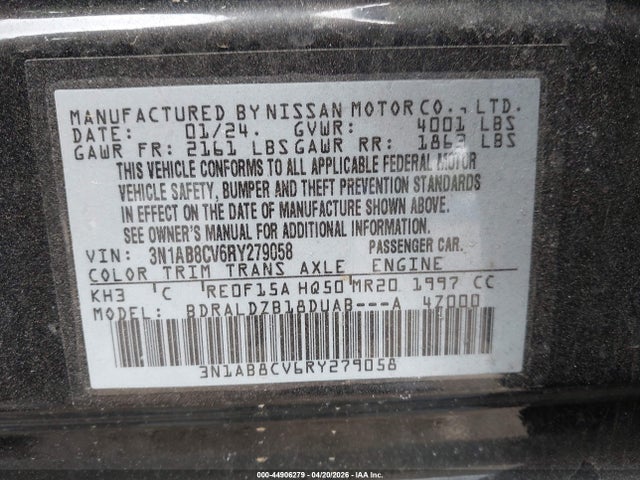 44906279 :رقم المزاد ، 3N1AB8CV6RY279058 vin ، 2024 Nissan Sentra Sv Xtronic Cvt مزاد بيع