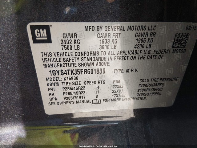2015 Cadillac Escalade Esv Premium მანქანა იყიდება აუქციონზე, vin: 1GYS4TKJ5FR601830, აუქციონის ნომერი: 44906280