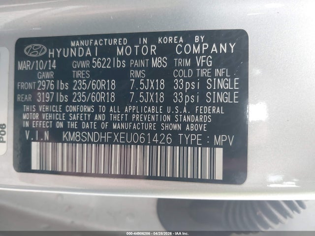 Aukcja sprzedaży 2014 Hyundai Santa Fe Gls, vin: KM8SNDHFXEU061426, numer aukcji: 44906286
