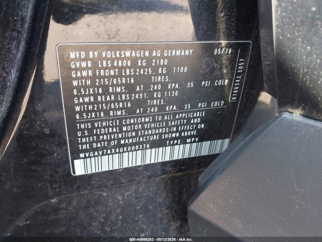 Aukcja sprzedaży 2016 Volkswagen Tiguan S, vin: WVGAV7AX4GK000376, numer aukcji: 44906292