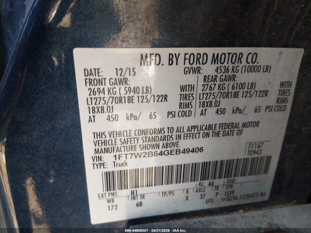 Aukcja sprzedaży 2016 Ford F-250 Lariat, vin: 1FT7W2B64GEB49406, numer aukcji: 44906307