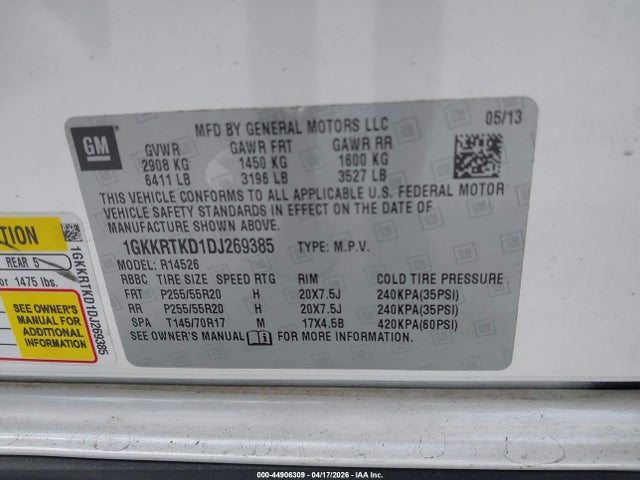 44906309 :رقم المزاد ، 1GKKRTKD1DJ269385 vin ، 2013 Gmc Acadia Denali مزاد بيع