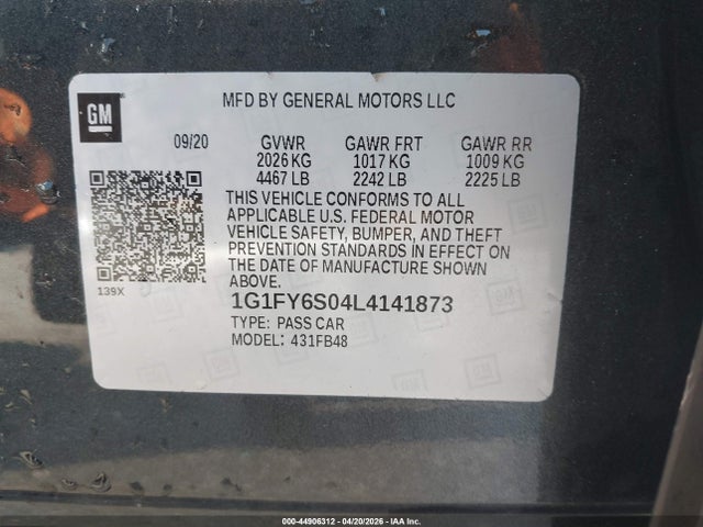 Aukcja sprzedaży 2020 Chevrolet Bolt Ev Fwd Lt, vin: 1G1FY6S04L4141873, numer aukcji: 44906312
