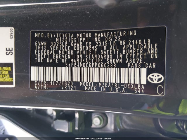 Aukcja sprzedaży 2023 Toyota Corolla Le, vin: 5YFB4MDE6PP060388, numer aukcji: 44906334