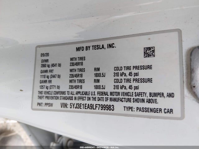Aukcja sprzedaży 2020 Tesla Model 3 Standard Range Plus Rear-wheel Drive/standard Range Rear-wheel Drive, vin: 5YJ3E1EA9LF799983, numer aukcji: 44906341