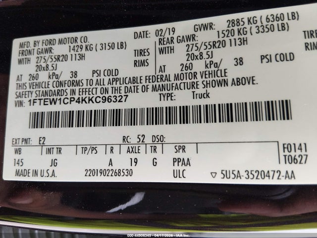 Aukcja sprzedaży 2019 Ford F-150 Xl, vin: 1FTEW1CP4KKC96327, numer aukcji: 44906345