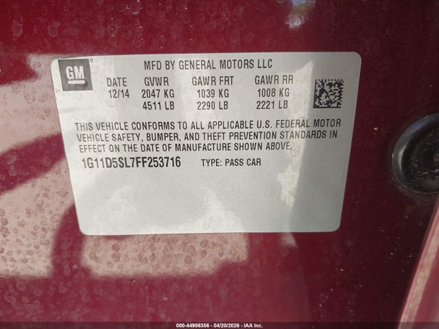 Продаж на аукціоні авто 2015 Chevrolet Malibu 2lt, vin: 1G11D5SL7FF253716, номер лоту: 44906356