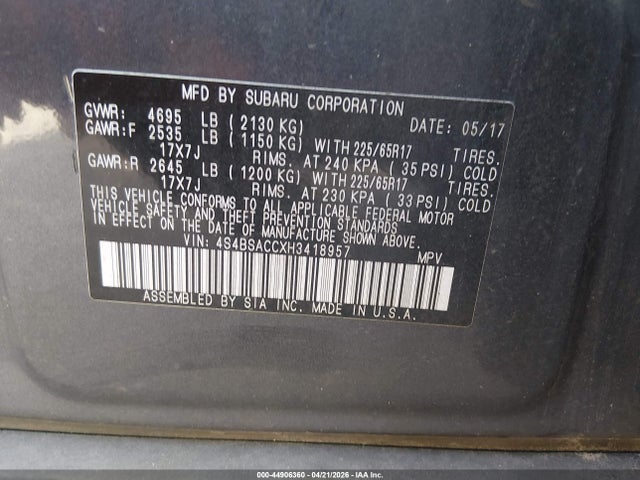 Aukcja sprzedaży 2017 Subaru Outback 2.5i Premium, vin: 4S4BSACCXH3418957, numer aukcji: 44906360