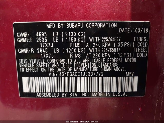 4S4BSACC1J3337772 Subaru Outback 2.5i Premium