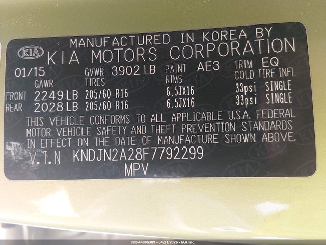 2015 Kia Soul მანქანა იყიდება აუქციონზე, vin: KNDJN2A28F7792299, აუქციონის ნომერი: 44906389