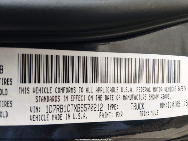 44906399 :رقم المزاد ، 1D7RB1CTXBS570212 vin ، 2011 Ram Ram 1500 Slt مزاد بيع