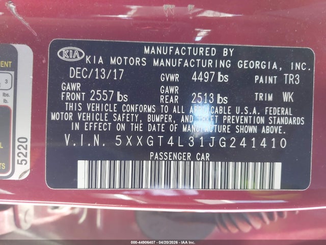 44906407 :رقم المزاد ، 5XXGT4L31JG241410 vin ، 2018 Kia Optima S مزاد بيع