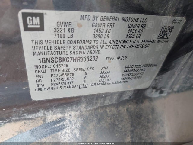 Aukcja sprzedaży 2017 Chevrolet Tahoe Lt, vin: 1GNSCBKC7HR333202, numer aukcji: 44906421