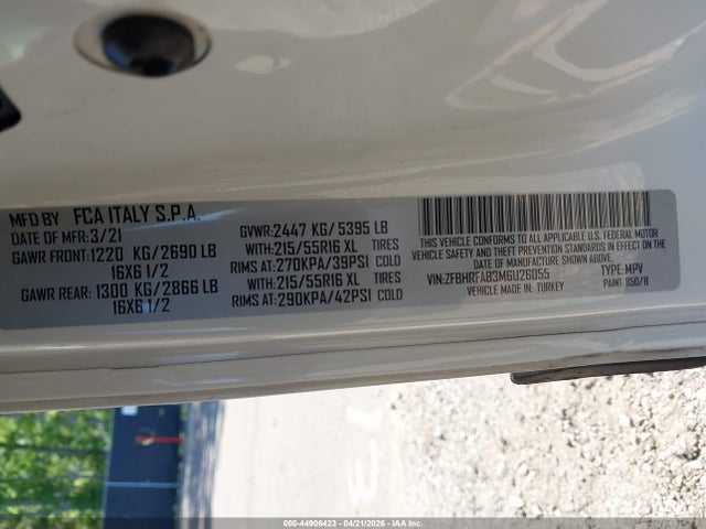 44906423 :رقم المزاد ، ZFBHRFAB3M6U26055 vin ، 2021 Ram Promaster City Tradesman مزاد بيع