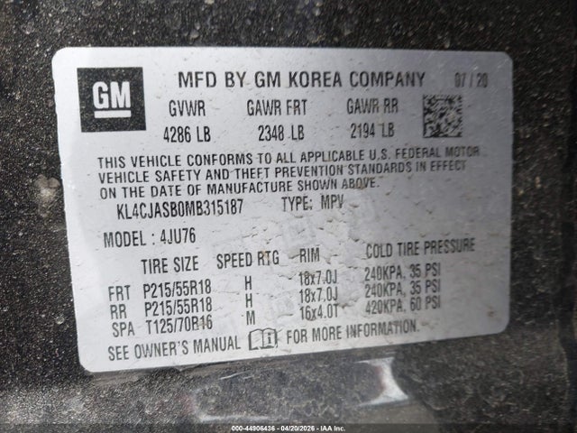 2021 Buick Encore Fwd Preferred მანქანა იყიდება აუქციონზე, vin: KL4CJASB0MB315187, აუქციონის ნომერი: 44906436