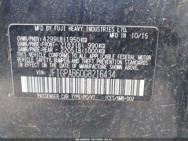 2016 Subaru Impreza 2.0i Premium მანქანა იყიდება აუქციონზე, vin: JF1GPAB60G8216434, აუქციონის ნომერი: 44906438