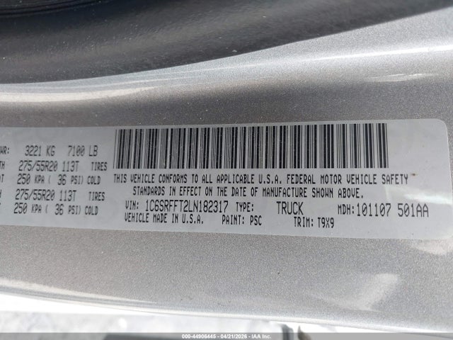 44906445 :رقم المزاد ، 1C6SRFFT2LN182317 vin ، 2020 Ram 1500 مزاد بيع