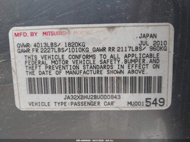 Aukcja sprzedaży 2011 Mitsubishi Lancer Sportback Es, vin: JA32X2HU2BU000843, numer aukcji: 44906450