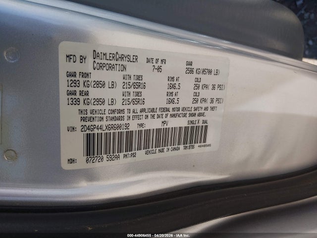 Aukcja sprzedaży 2006 Dodge Grand Caravan Sxt, vin: 2D4GP44LX6R600192, numer aukcji: 44906455
