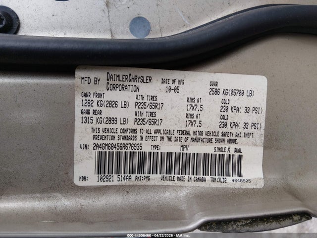 Продажа на аукционе авто 2006 Chrysler Pacifica Touring, vin: 2A4GM68456R676935, номер лота: 44906460