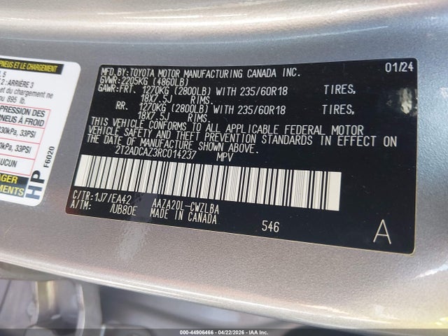 2024 Lexus Nx 250 მანქანა იყიდება აუქციონზე, vin: 2T2ADCAZ3RC014237, აუქციონის ნომერი: 44906466