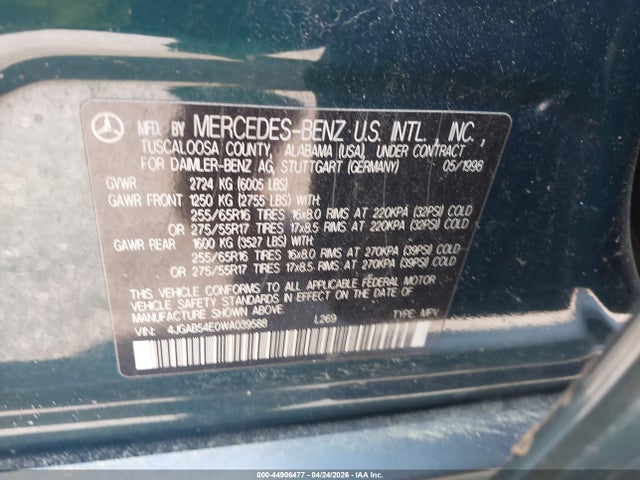 Продаж на аукціоні авто 1998 Mercedes-benz Ml 320 Classic, vin: 4JGAB54E0WA039588, номер лоту: 44906477