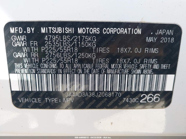 Продаж на аукціоні авто 2018 Mitsubishi Outlander Le/se/sel, vin: JA4AD3A38JZ068170, номер лоту: 44906515