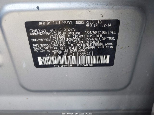 Продаж на аукціоні авто 2015 Subaru Forester 2.5i Limited, vin: JF2SJARC7FH565401, номер лоту: 44906520
