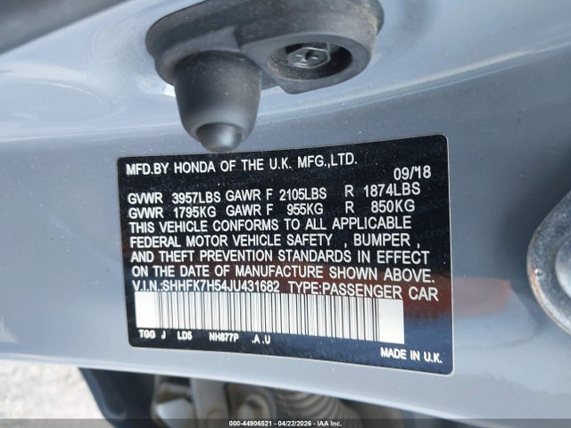 Honda CIVIC EX 2018 SHHFK7H54JU431682 Image 9