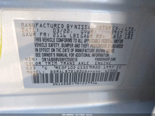 3N1AB8BV9NY259916 Nissan Sentra S Xtronic Cvt