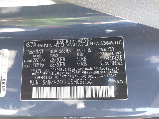 Продаж на аукціоні авто 2025 Hyundai Santa Fe Hybrid Sel, vin: 5NMP24G10SH032156, номер лоту: 44906560