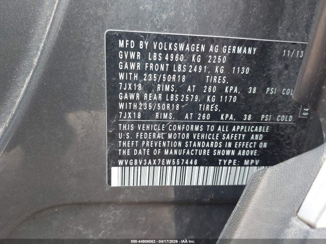 2014 Volkswagen Tiguan Se მანქანა იყიდება აუქციონზე, vin: WVGBV3AX7EW557446, აუქციონის ნომერი: 44906562