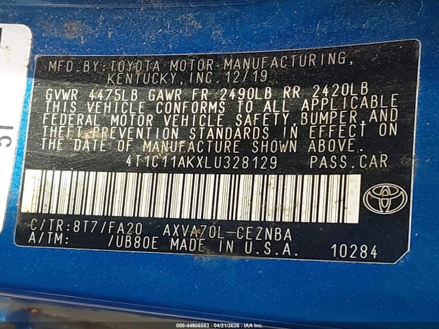 Продажа на аукционе авто 2020 Toyota Camry Le, vin: 4T1C11AKXLU328129, номер лота: 44906563