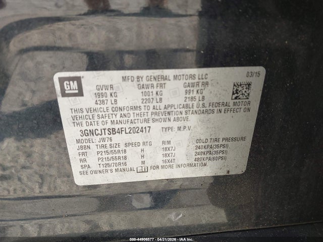 Продаж на аукціоні авто 2015 Chevrolet Trax Ltz, vin: 3GNCJTSB4FL202417, номер лоту: 44906577