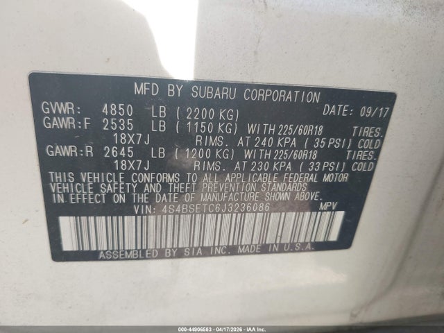 44906583 :رقم المزاد ، 4S4BSETC6J3236086 vin ، 2018 Subaru Outback 3.6r Touring مزاد بيع
