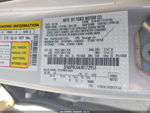 3FA6P0LU6JR172951 Ford Fusion Hybrid Se