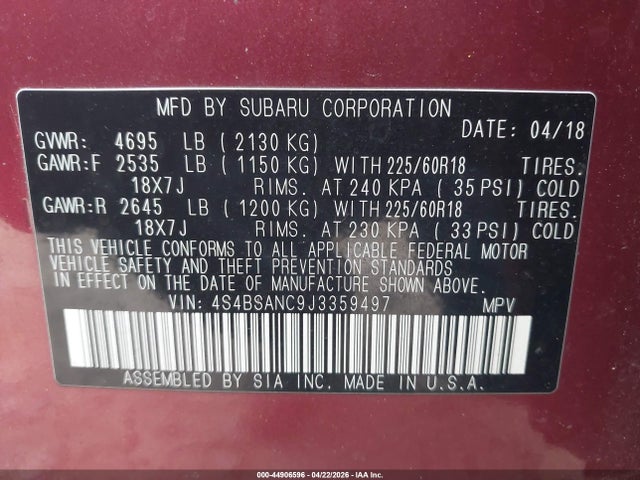 4S4BSANC9J3359497 Subaru Outback 2.5i Limited