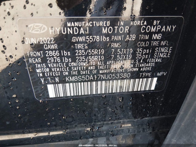 44906603 :رقم المزاد ، KM8S5DA17NU053380 vin ، 2022 Hyundai Santa Fe Hybrid Limited مزاد بيع