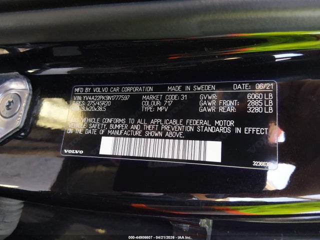 44906607 :رقم المزاد ، YV4A22PK9N1777597 vin ، 2022 Volvo Xc90 T6 Momentum 7 Passenger مزاد بيع