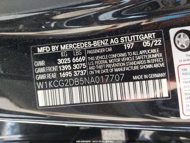 Aukcja sprzedaży 2022 Mercedes-benz Eqs 450+, vin: W1KCG2DB5NA017707, numer aukcji: 44906609