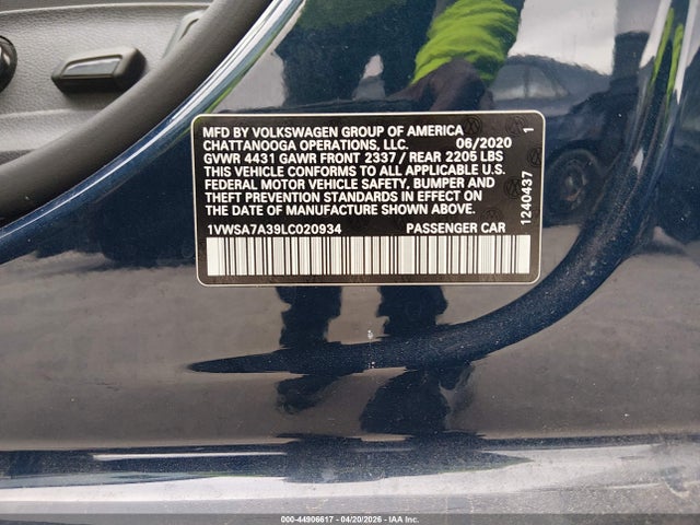 2020 Volkswagen Passat 2.0t Se მანქანა იყიდება აუქციონზე, vin: 1VWSA7A39LC020934, აუქციონის ნომერი: 44906617