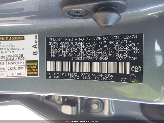 JTDBCMFE2P3014548 Toyota Corolla Hybrid Le