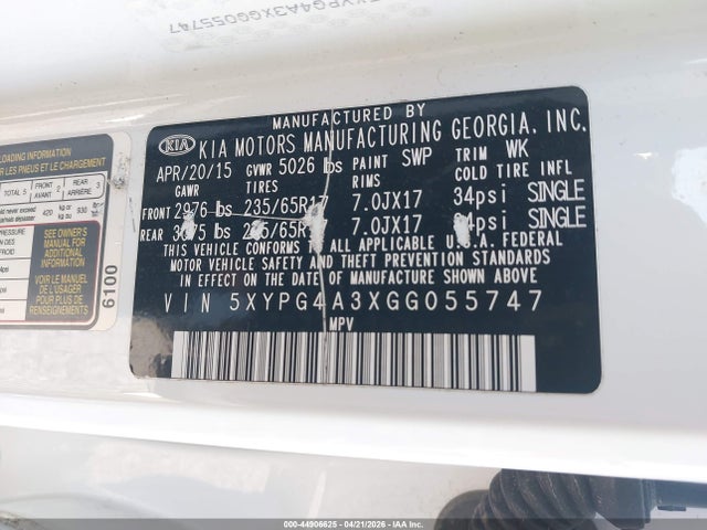 Продаж на аукціоні авто 2016 Kia Sorento 2.4l Lx, vin: 5XYPG4A3XGG055747, номер лоту: 44906625