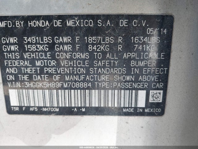 44906636 :رقم المزاد ، 3HGGK5H89FM708884 vin ، 2015 Honda Fit Ex/ex-l مزاد بيع