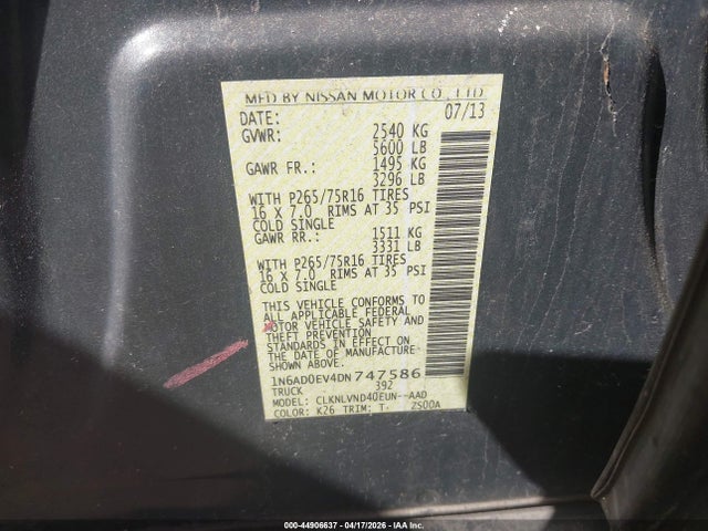 2013 Nissan Frontier Pro-4x მანქანა იყიდება აუქციონზე, vin: 1N6AD0EV4DN747586, აუქციონის ნომერი: 44906637