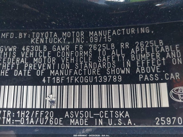 Aukcja sprzedaży 2016 Toyota Camry Se, vin: 4T1BF1FK0GU139789, numer aukcji: 44906647