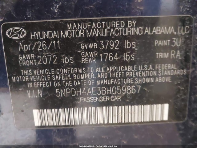 Продажа на аукционе авто 2011 Hyundai Elantra Gls, vin: 5NPDH4AE3BH059867, номер лота: 44906652