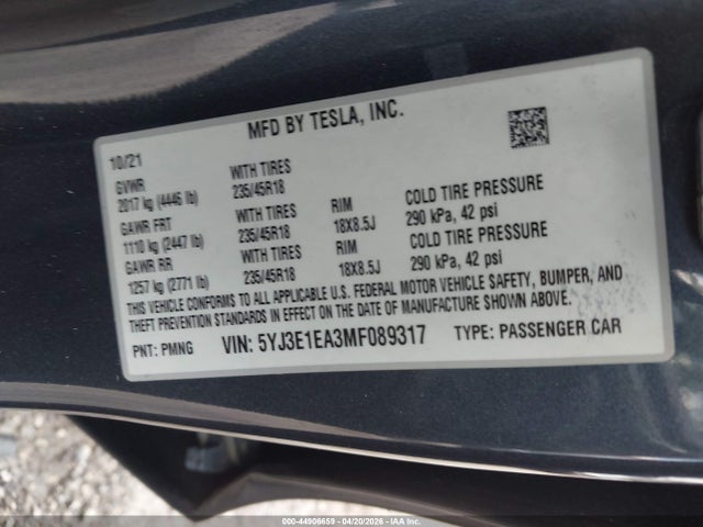 Aukcja sprzedaży 2021 Tesla Model 3 Standard Range Plus Rear-wheel Drive, vin: 5YJ3E1EA3MF089317, numer aukcji: 44906659